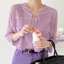아모르데이 여성용 파르페 리본 원포인트 스카시 로맨틱 니트 가디건