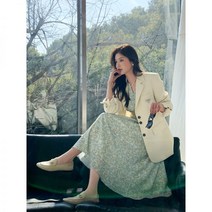 꽃무늬 원피스 하객룩 여친룩 쉬폰 비치 Sister K KSOEUR 가든 스커트 프린트 작은 V 넥 중간 길이 긴팔 꽃 무늬 드레스 여성