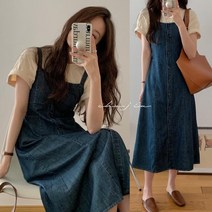 데님 원피스 봄 여름 멜빵 롱원피스 민소매 스모크밴딩
