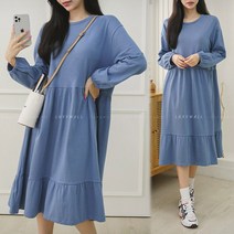 8591 (국내산) 라운드넥 롱원피스 셔링 프릴 긴팔 트임 플레어 스판 여성 봄 가을 홈웨어