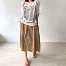 네모엔룩 여성용 린넨라운드 앞가슴 프린팅 라운드넥 반소매 블라우스