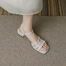 PigPug 만약 오리지널 살코기 ~ 부드러운 가죽 일자 끈 짜임 발가락 샌들 여하 22 백 켤레 굵은 굽 로마화