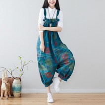 빅사이즈 점프수트 여성점프슈트 캐주얼 턱받이 오버올 와이드 레그 데님 점프 슈트 여성 대형 블루머 프린트 배기 드롭 크로치 카우보이 롬퍼스