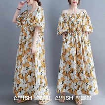 신이SH더블샵 큰언니 빅사이즈 밴딩 오프숄더 플라워프린트 롱드레스