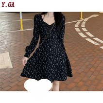 Y.GA 여름 여성 기질 미니 쉬폰 원피스 브이넥 긴팔 플라워 플리츠 원피스 몸집이 작은 라인 원피스