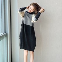 Momolatti 니트원피스 배색 라운드넥 미디엄 롱 원피스