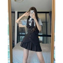 진짜 샷 미국 허리 양복 조끼 높은 허리 회색 주름 치마 jk 유니폼 세트 짧은 소매 셔츠 토끼 경찰