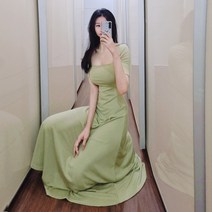나날샵 봄원피스 하객원피스 롱원피스 홈드레스 홈웨어 스퀘어넥 원피스 여성원피스 올리브 맥시 여름 반소매