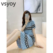 vsyoy 기질 2022 새로운 여름 블루 스트레이트 튜브 슬림 꽃 틈새 패션 여성 니트 드레스 크루 넥 스커트