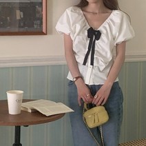 쏭포유 / 여름 반팔 브이넥 리본 셔츠블라우스