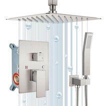 Airuida 매트 블랙 천장 마운트 레인 샤워 시스템 수전 세트 완전 10인치 정사각형 SUS304 레인폴 헤드 황동 핸드헬드 스프레이 러프인 밸브 믹서 콤보, 10 Inch-Ceiling Mount, Brushed Nickel