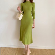 [이꾸띠] 인쎄인리 봄 가을 2040 여성 반 터틀렉 무지 스트라이프 신축성 약간 있음 단정한 스타일 3컬러 미디 원피스