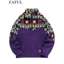 방한 터틀넥 겨울 ZAFUL따뜻한 에스닉 폴라 플리스 맨투맨 후드티 남성용 스플라이스 프린트 지퍼 스트리트웨어 풀오버 가을 점퍼