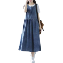 여성 빈티지 데님 멜빵 롱 원피스 루즈핏 A라인 민소매 데님 청 멜빵치마 데일리룩 빅사이즈