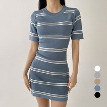 (무배)슬림핏 데일리 단가라 배색 니트 미니 원피스
