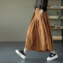 바지 여성 빈티지 팬츠 밴딩 와이드 9부 레트로 치마바지 순색 캐주얼