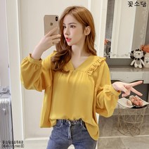 꽃소담A4394 여성 긴소매 프릴 루즈핏 쉬폰 블라우스