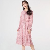 여자 프릴 셔링 플라워 여성스러운 미디 원피스