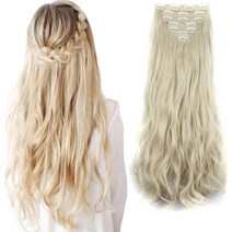 [정품] LELINTA 7피스 클립 16개 61cm(24인치) 웨이브 컬리 풀 헤드 클립, Bleach Blonde
