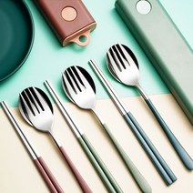 누리머스 휴대용 도시락 수저 포크 세트 케이스 소리안나는 수저통 스테인레스, 블루, 수저포크세트
