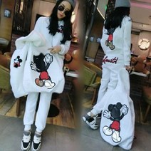 빅사이즈 여성 기모 맨투맨 조끼 팬츠 상하 3종세트 캐주얼 트레이닝복 캐릭터 운동복 가을 겨울