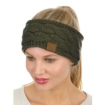 C.C 부드럽고 신축성 있는 겨울용 따뜻한 케이블 니트 퍼지 안감 이어 워머 헤드밴드 브라이트 믹스, Dark Olive