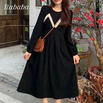 나바바 NO242 여성 레트로 코듀로이 라운드넥 원피스