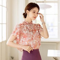 시크라인 스카프 타이 튤립 소매 플로랄 블라우스