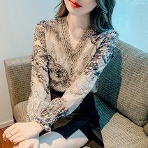꽃무늬블라우스 여자남방 봄블라우스 브이넥 레이스포인트 쉬폰 A21