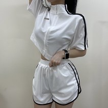 VANANA2 여성 두줄 배색 라인 집업 반팔 반바지 트레이닝 세트