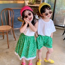 잘_키움 여아용 남매 커플룩 여름 그린 반다나 패션 치마 스커트