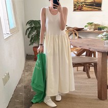 레이어드 유넥 민소매 셔링 플레어 면 롱원피스