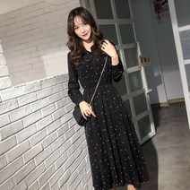 ANYOU 여성 긴팔 라운드 블랙 원피스 플라워 소프트 소프트 원피스