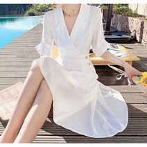 화이트드레스 스몰웨딩드레스 랩 원피스 카라넥 언발라인 포켓 미디기장 오피스룩 데이트룩