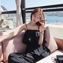 프릴 끈나시 점프슈트 밴딩프릴 멜빵 와이드 팬츠