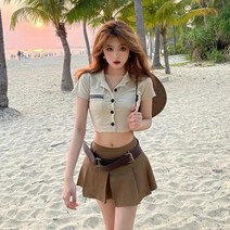 여성 여름 사파리 의상 반팔 플리츠 스커트 상하 벨트 세트 A라인 스커트 휴가지 데이트룩 놀이동산룩