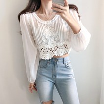 요시아나 [당일발송] 버네나 뜨개 레이스 쉬폰 크롭 블라우스 -2컬러