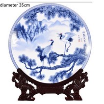 장수 크레인 및 접시 세라믹 장식 접시 중국 장식 접시 나무 기본 도자기 접시 세트 결혼 선물, 35cm plate and stand