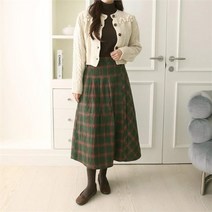 브이와이 여자 빅 체크 치마 코튼 플레어 핀턱 롱스커트