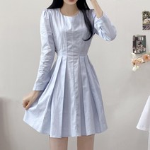 [3color/여친룩] 세로 라인 주름 플리츠 라운드넥 긴팔 미니 원피스 데이트 하객 모임 소개팅 봄 테니스 a라인