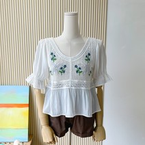 요시아나 [당일발송] 여리여리 뜨개 꽃자수 퍼프소매 블라우스