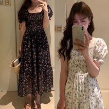 여름 스퀘어넥 스모크 밴딩 퍼프 머메이드 A라인 쉬폰 플라워 휴양지 바캉스 롱원피스 2color