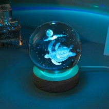 크리스탈볼 LED 오르골 무드등 원목 구슬 여자친구 선물, 8cm 나른한 바다거북+칠색 통나무 등대