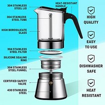 SIXAQUAE 모카 인덕션 스토브탑 에스프레소 메이커 크리스탈 글래스 탑 & 스테인리스 스틸 에스프레소 모카 포트 클래식 이탈리안 커피 메이커 240ml(6컵), 160ml-P
