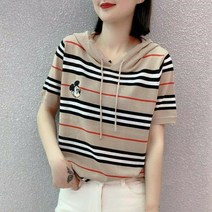 날라리언니 2281 미키후드티+마스크스트랩 여성후드티 스트라이프 반팔후드티 반팔티셔츠 데일리룩