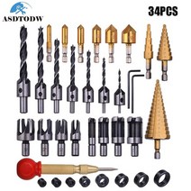 목심비트 드릴 임팩 비트 목공용 세트 14 육각 생크 카운터 싱크 나무 플러그 커터, 34개