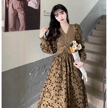 미미앤느 브이 스트링 니트 패치 빈티지 롱 원피스