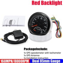 빨간색 LED 2 IN 1 다기능 85mm GPS 속도계 게이지 안테나 + 타코미터 8000 RPM 자동 요트 12V24V 용 방향, 08 160MPH BB