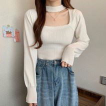 마쿠쿠 초커 스퀘어넥 여성 퍼프 긴팔 니트 블라우스