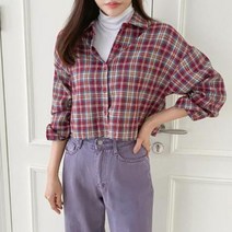 바보사랑 여자 가을 카라넥 체크 베이직 숏 남방 셔츠.옷자락(무료배송)